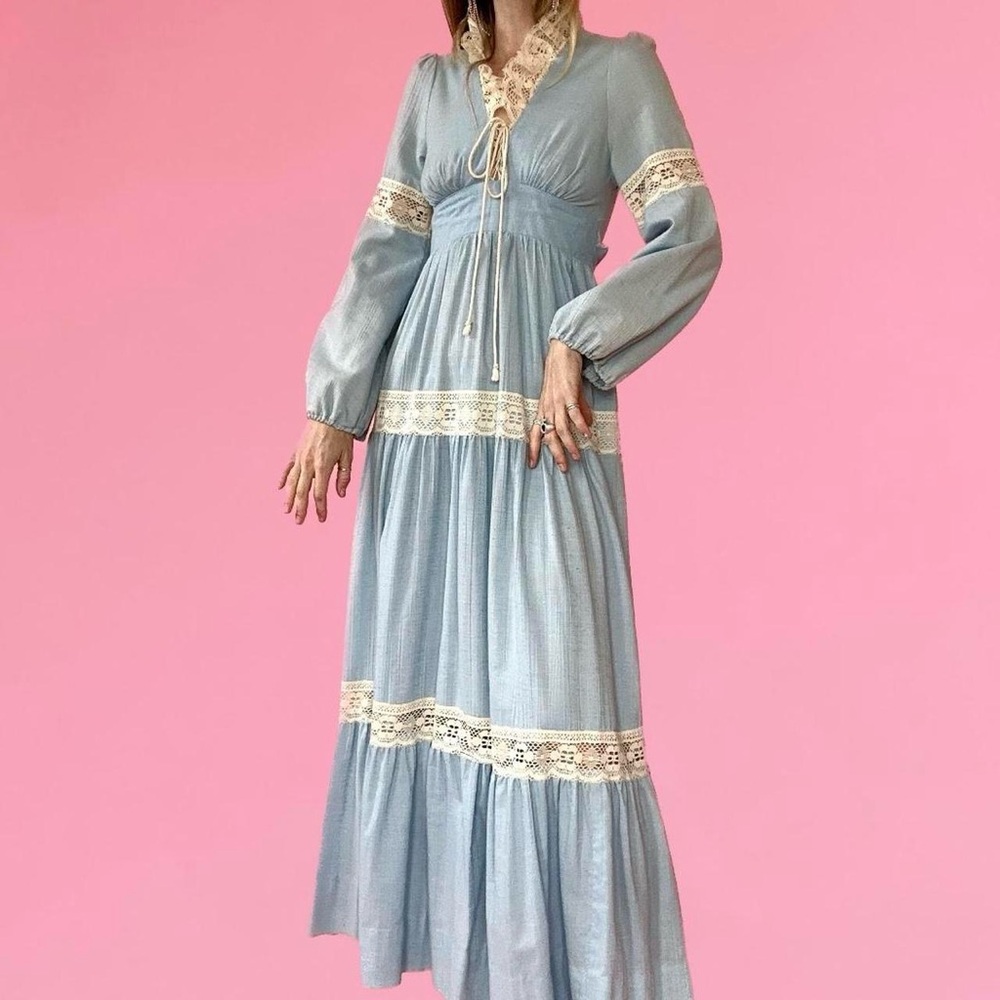 1970s Vintage Light Blue Prairie Dress